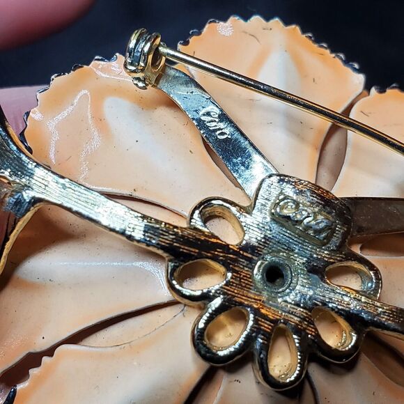 VTG Signed CORO Trembler Brooch AB Rhinestones Gold Tone Enamel Peach Poppy 3" - Picture 14 of 16